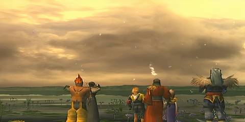 the party of ff10 staring out at a vista