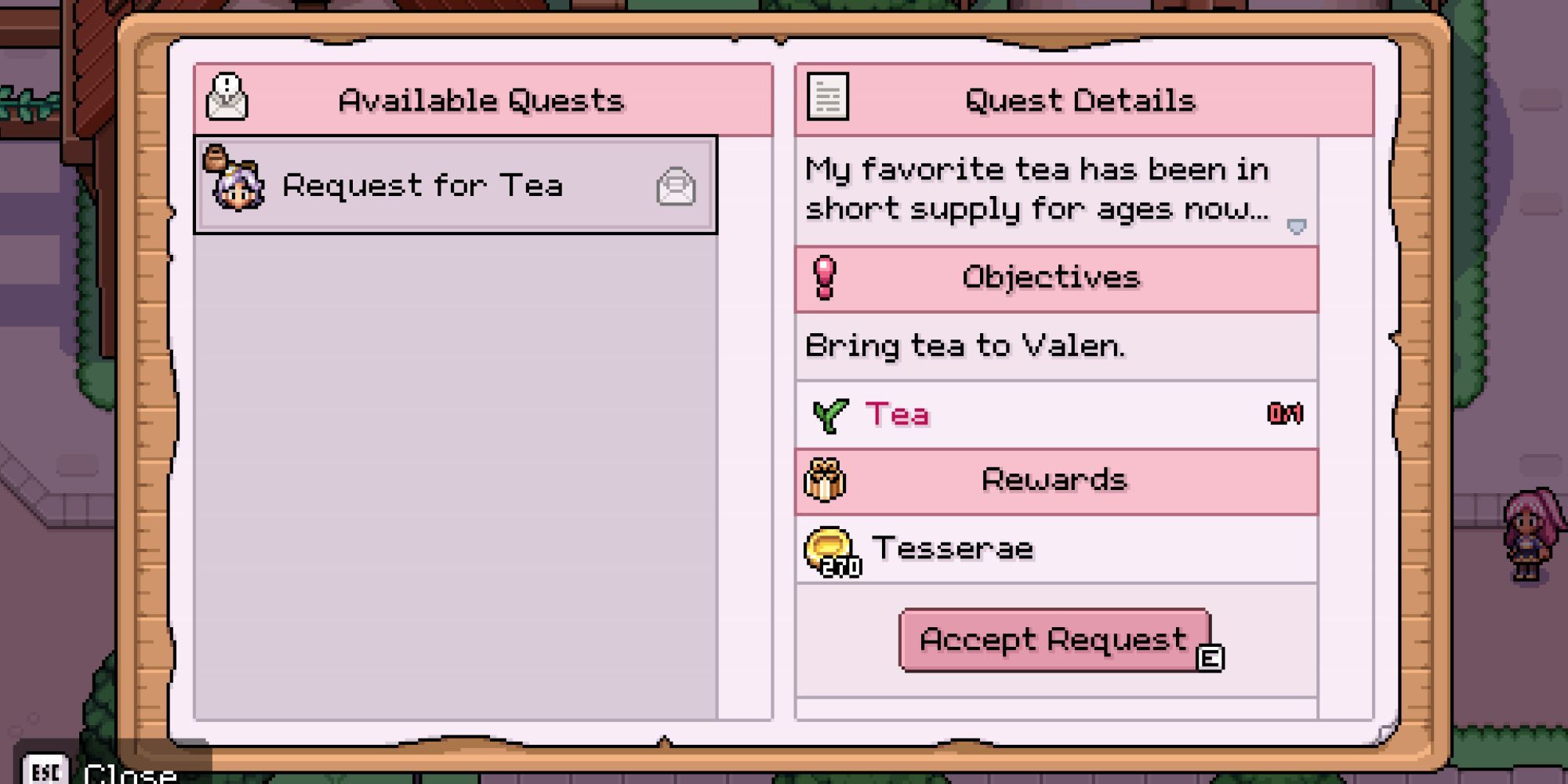 fields of mistria request for tea quest