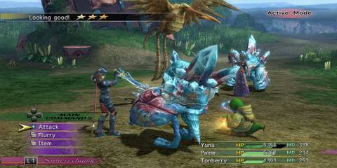 Fighting a battle in Final Fantasy 10-2