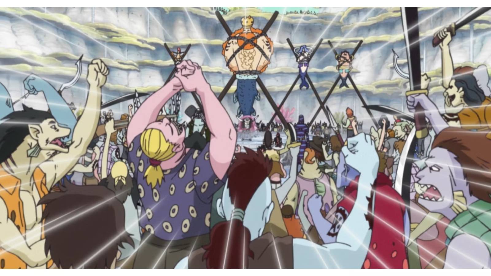 A Number of New Fish-Man Pirates, watching the Royal Family tied up and celebrating in One Piece