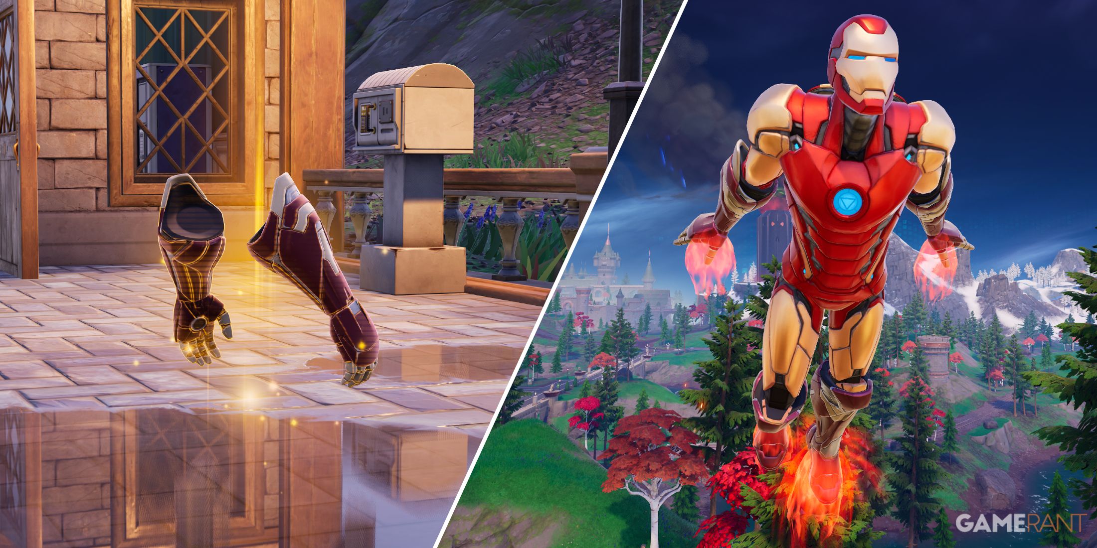 Split-image showcasing Iron Man's Mythics in Fortnite