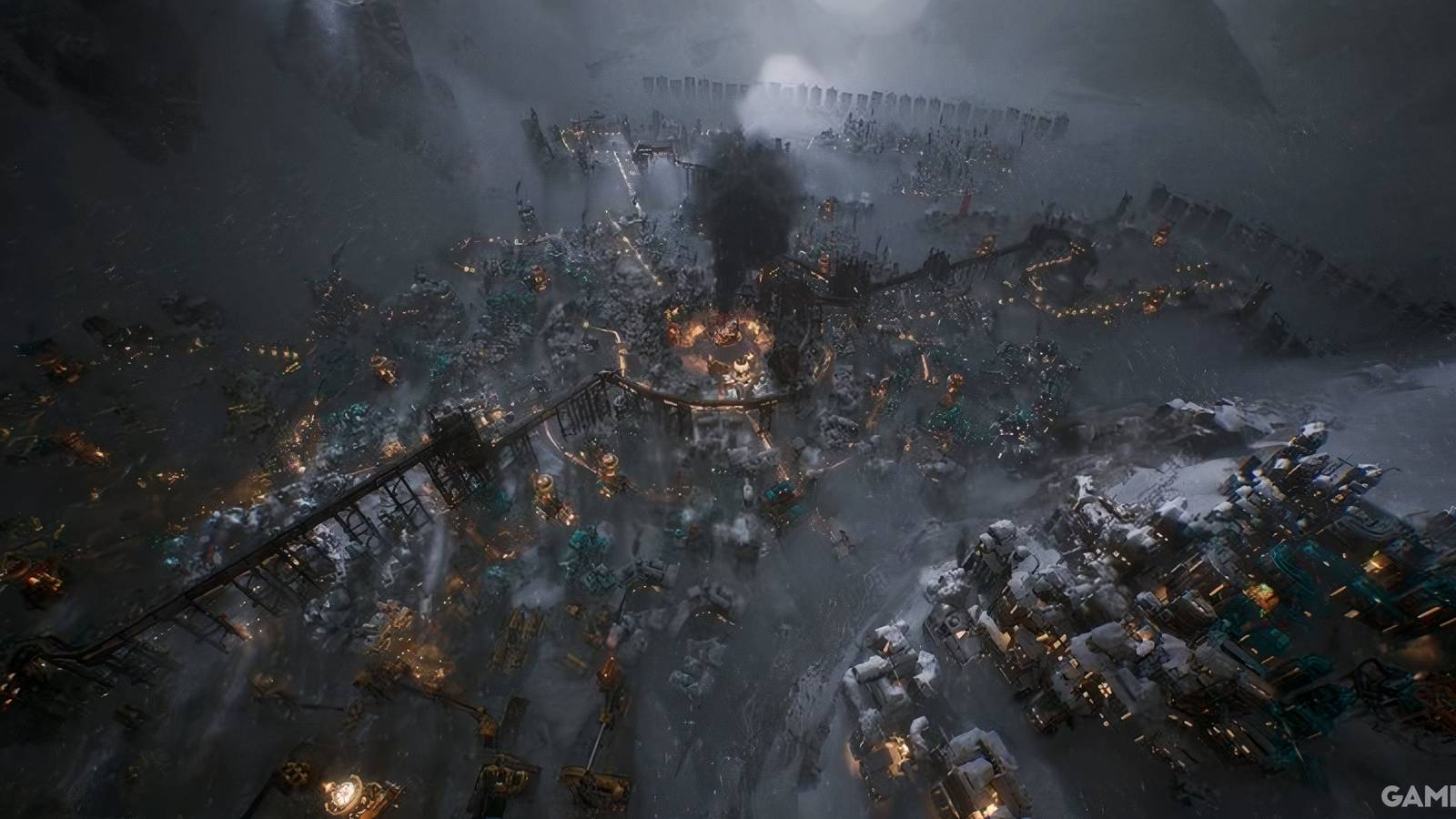 A bird's eye view of New London from Frostpunk 2