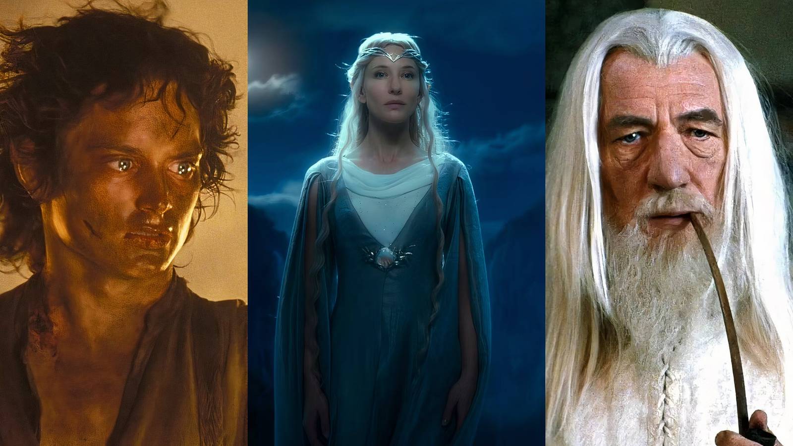 Frodo Baggins with the ring, Galadriel in The Hobbit, and Gandalf smoking in Lord of the Rings