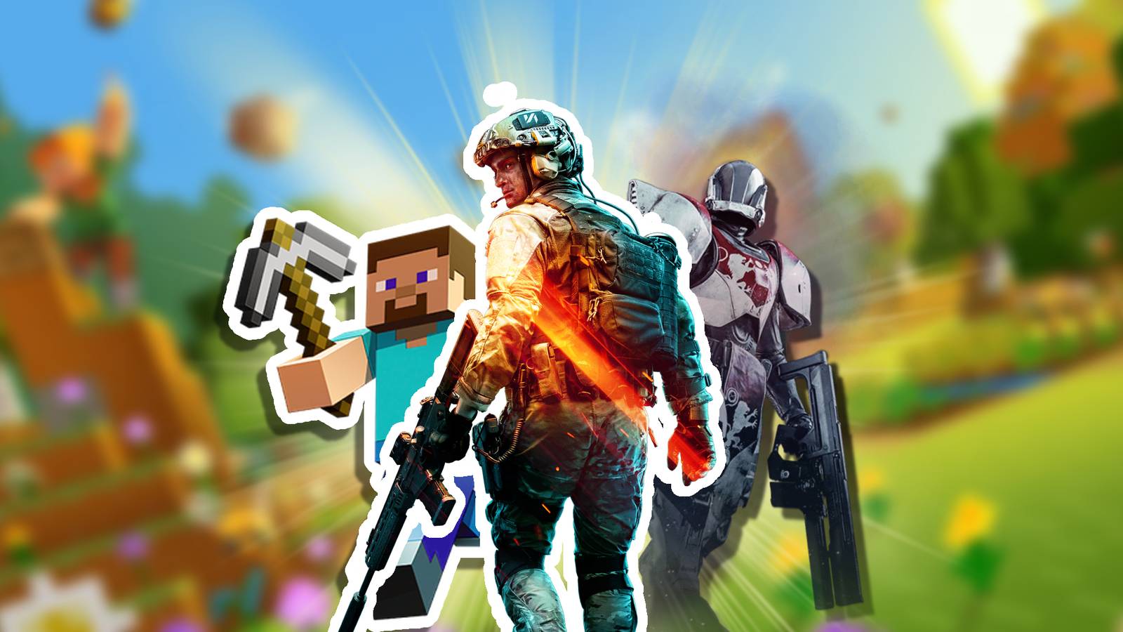 Minecraft Steve, Battlefield 2042 Soldier, and Destiny 2's Titan in Minecraft world.