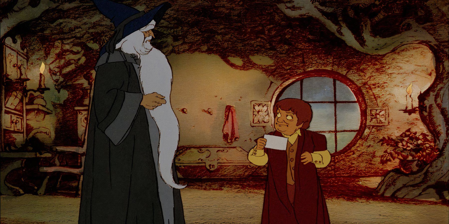 Gandalf and Bilbo Baggins in the 1978 movie adaptation of The Lord of the Rings