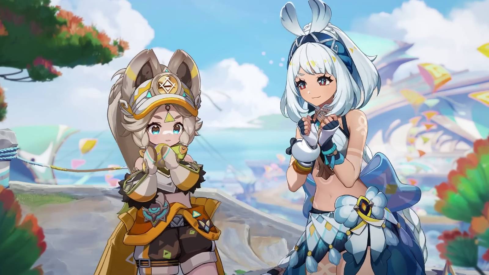 A teaser for Genshin Impact showing Kachina and Mualani