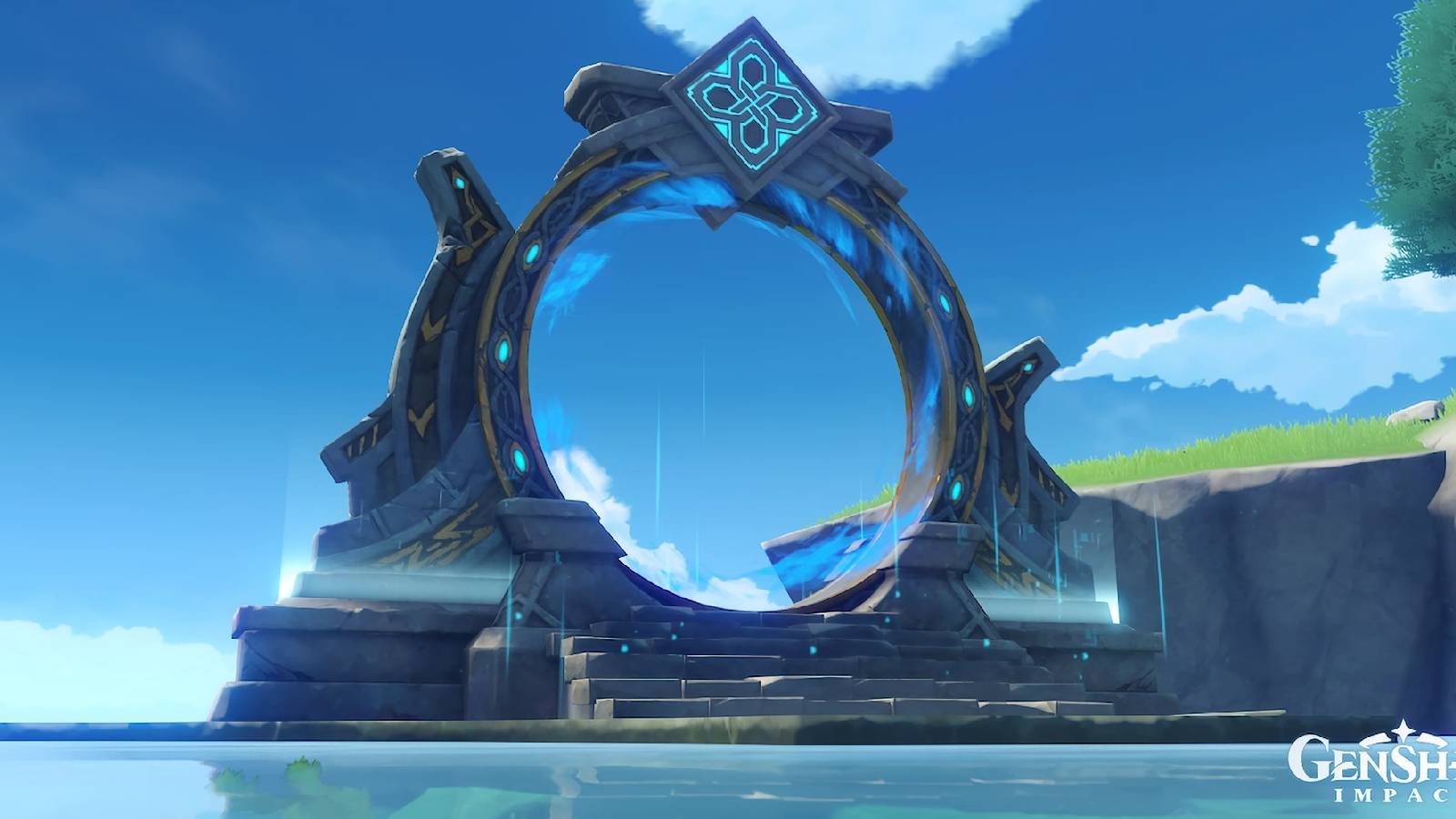 An angled screenshot from Genshin Impact showing the entrance to the Spiral Abyss.
