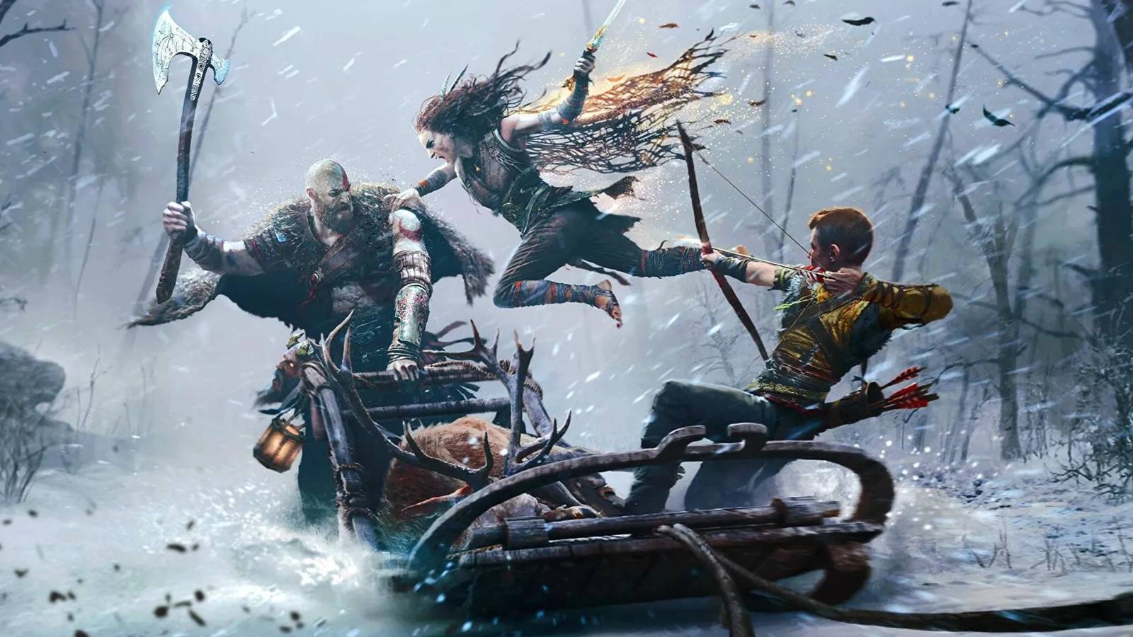 A fight scene from God of War Ragnarok