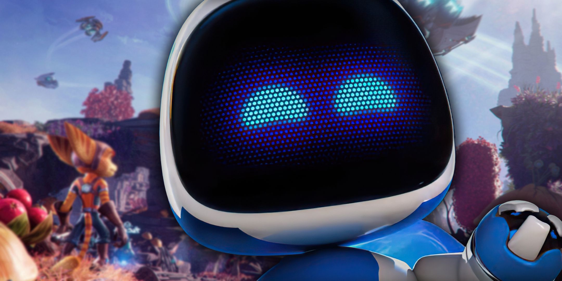 Astro Bot in front of Ratchet & Clank art