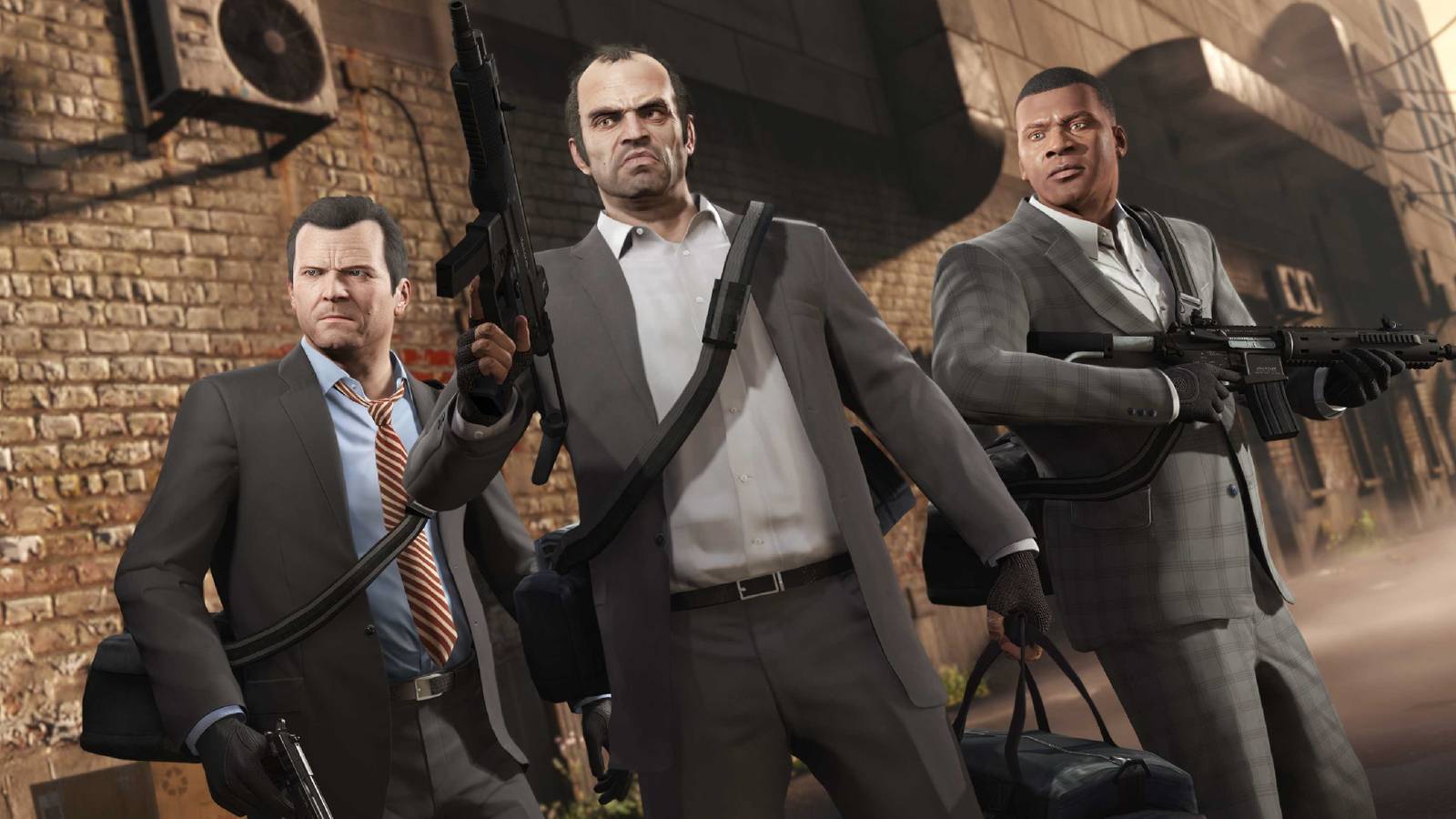 A screenshot from Grand Theft Auto 5 showing main characters Michael, Trevor, and Franklin