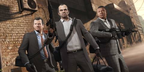 A screenshot from Grand Theft Auto 5 showing main characters Michael, Trevor, and Franklin