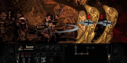 Grave Robber attack in Darkest Dungeon, striking eldritch enemies with precision