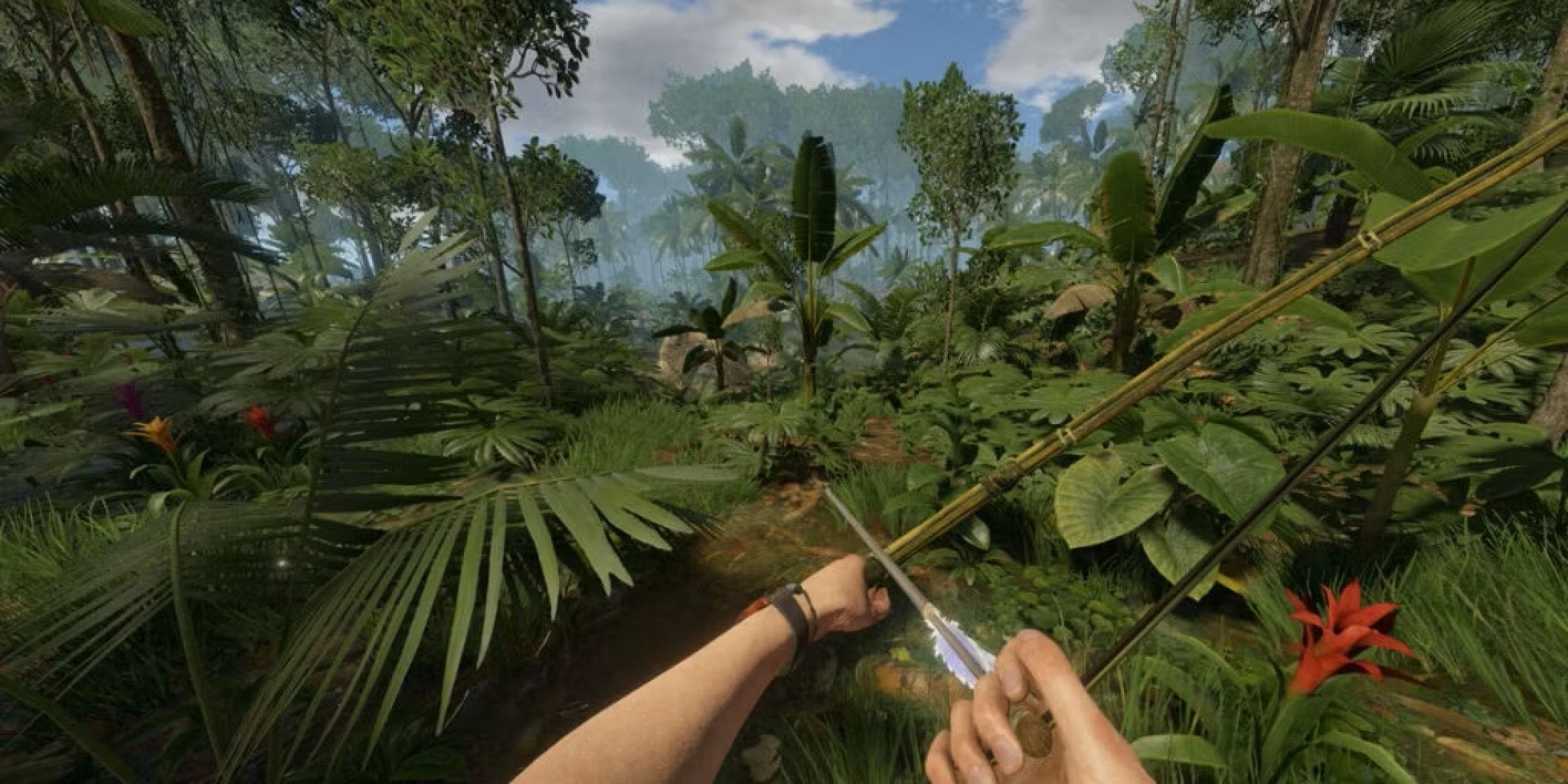 Green Hell player using a bamboo bow 