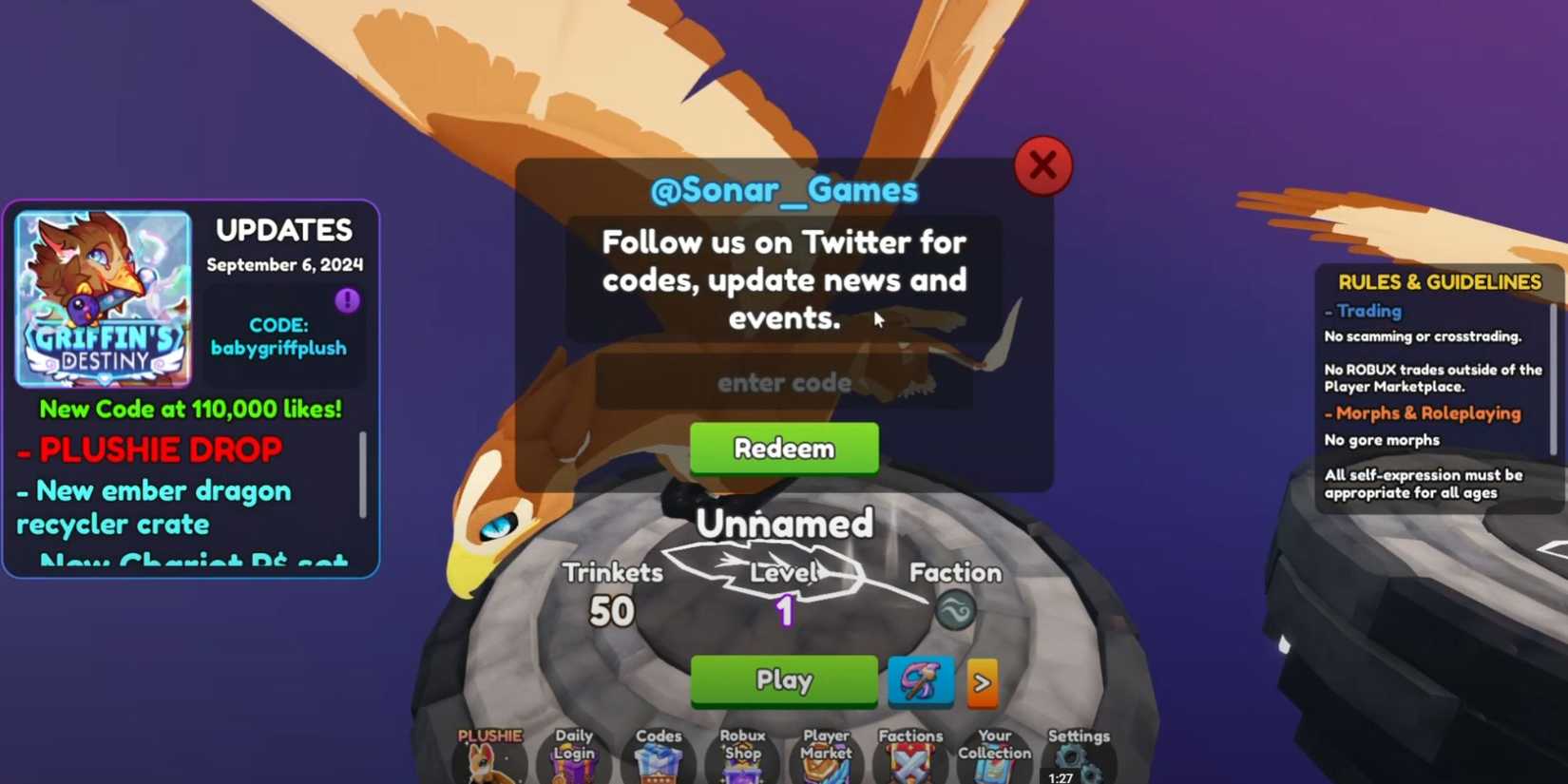 Griffin's Destiny: the codes tab