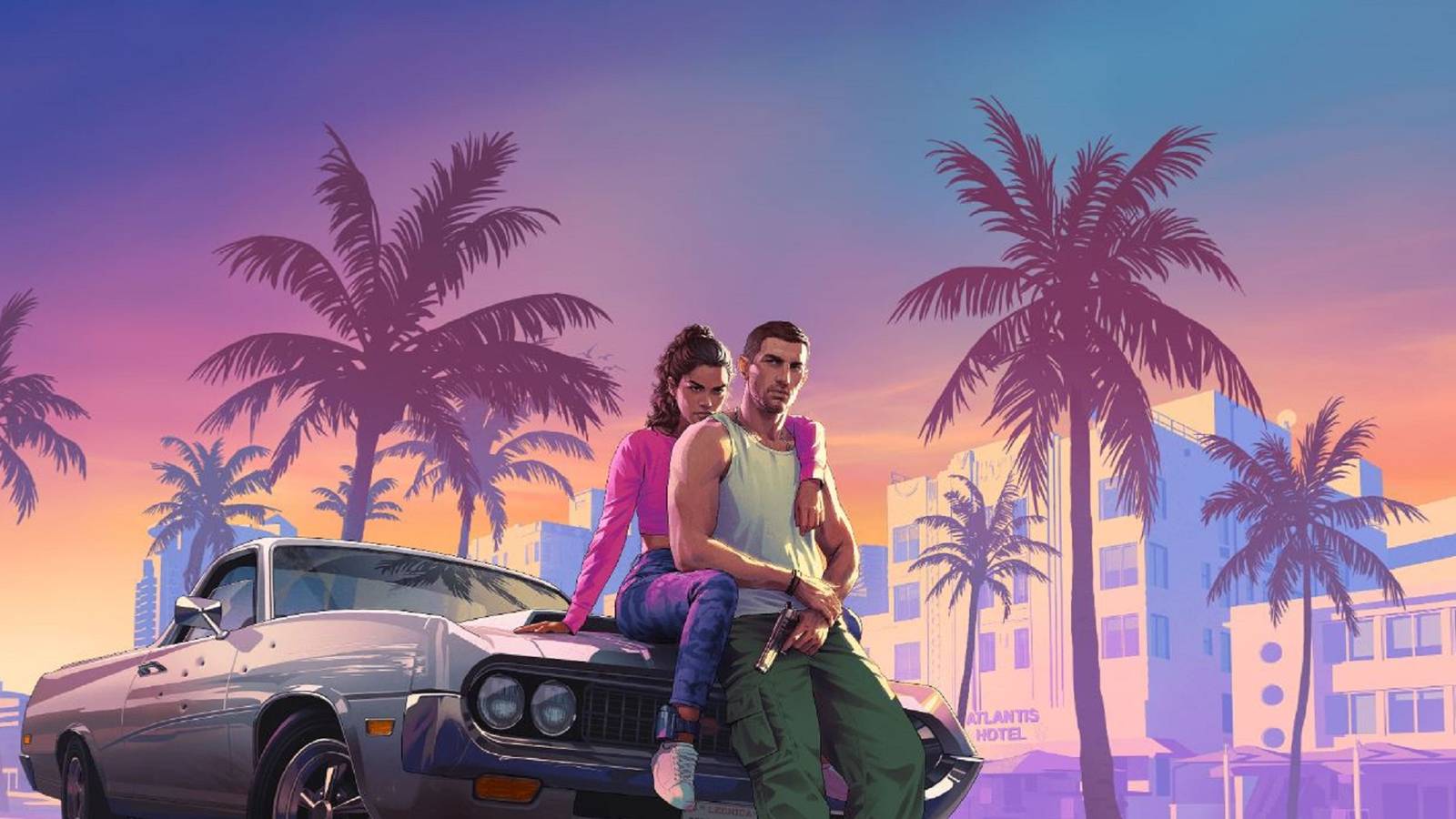 Artwork from GTA 6 featuring Lucia and Jason leaning against a vintage car, with a vibrant background and palm trees,