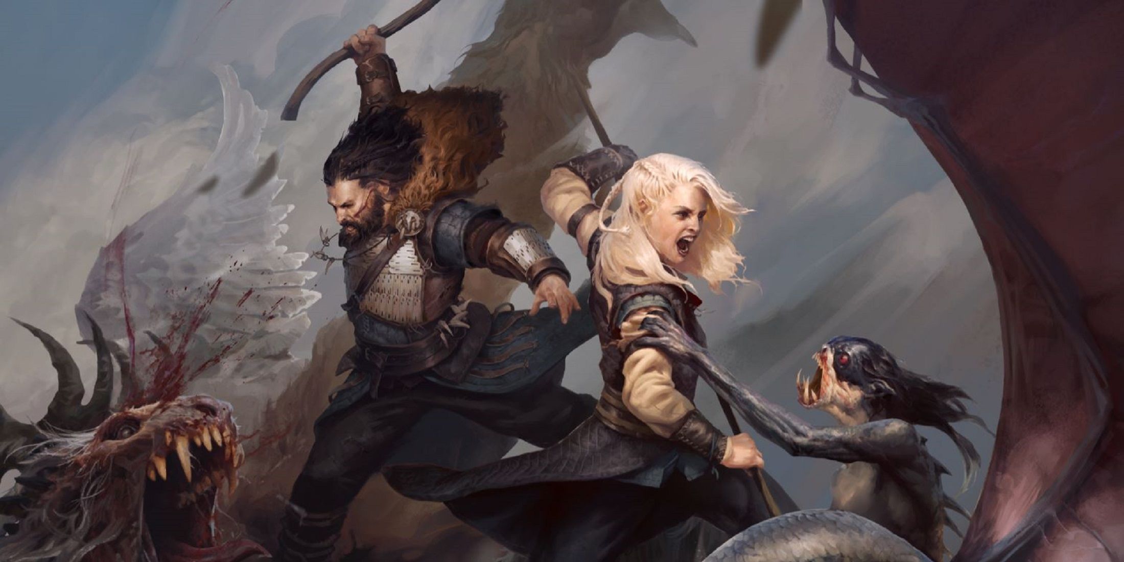 Dynamic artwork from Gwent: The Witcher Card Game featuring two warriors