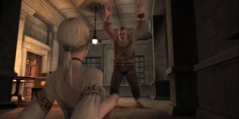 Debilitas looming over Fiona with her arms raised in Haunting Ground