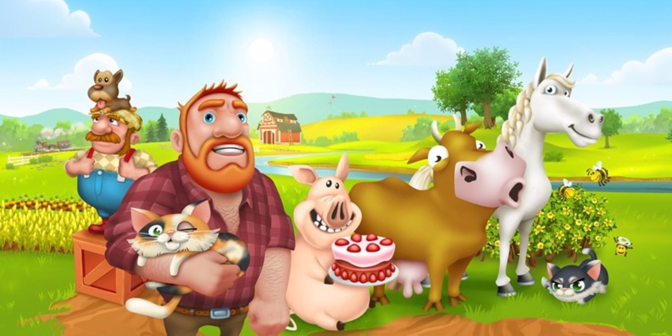 Hay Day characters standing in front of a farm; a ginger man with a beard holding a cat next to a pink pig holding a cake, a brown cow mooing and a white horse while another farmer stands on a wooden crate behind him with a brown dog on his head.