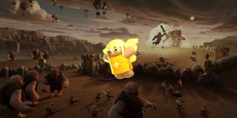 Healer Puppet on a background depicting a battle in Clash of Clans 