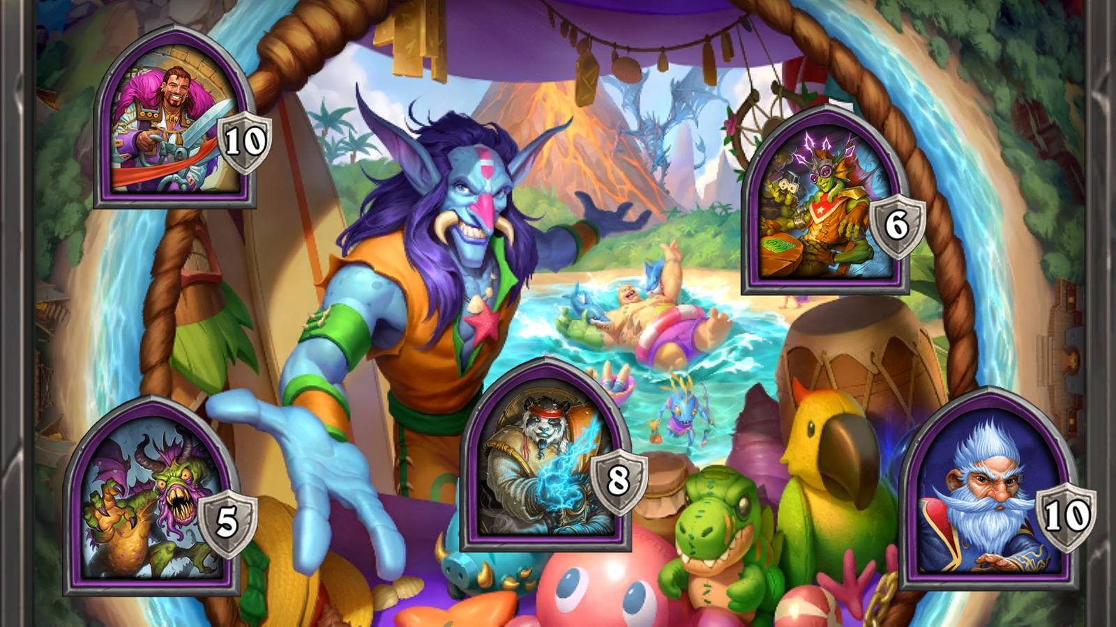 Hearthstone Battlegrounds Heroes, Marin the Manager, Shudderwock, Master Nyugen, Snake Eyes and Millhouse Manastorm in front of a paradise themed background