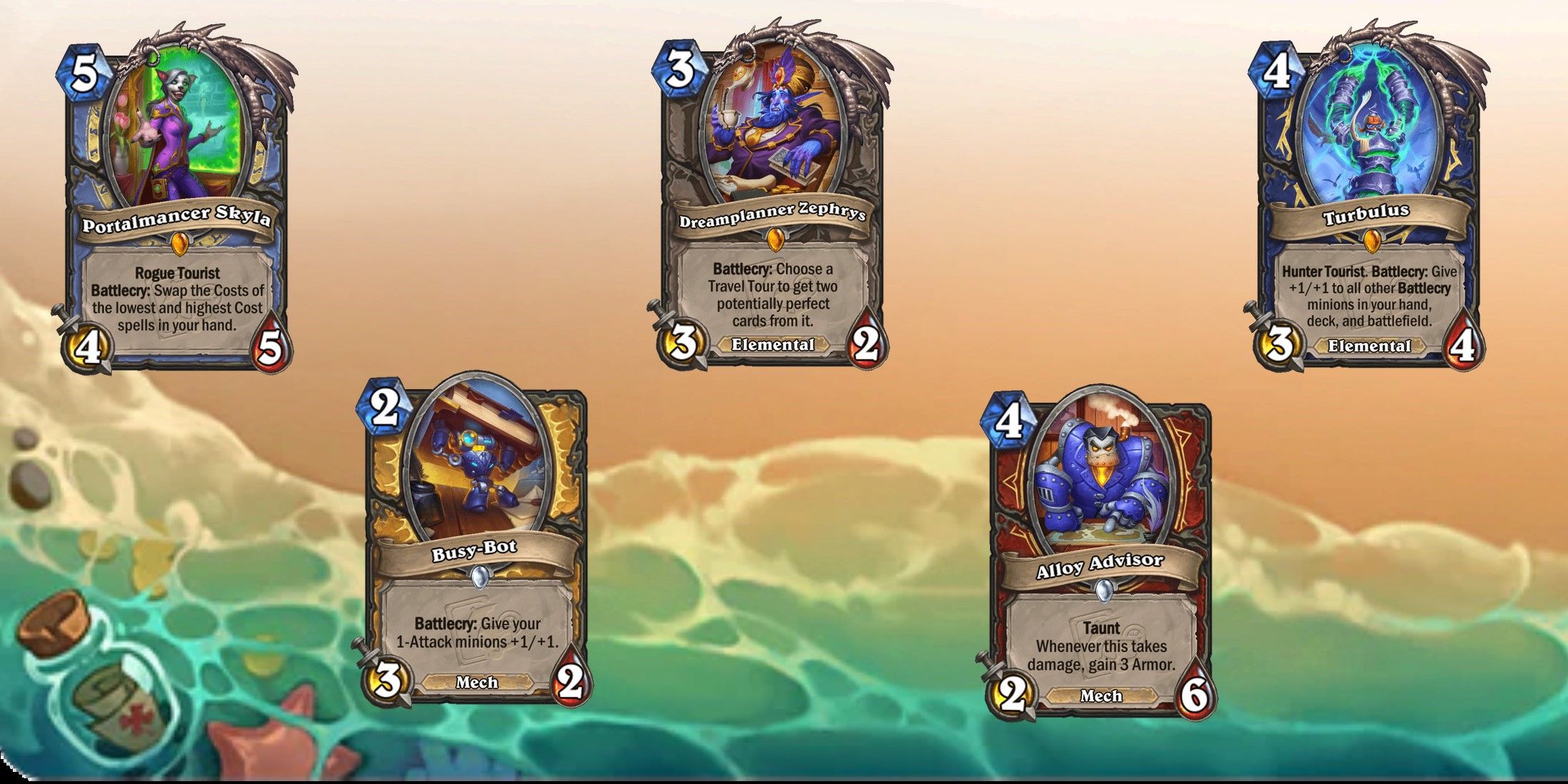 Hearthstone Perils in Paradise Mini-Set cards on a beach themed background