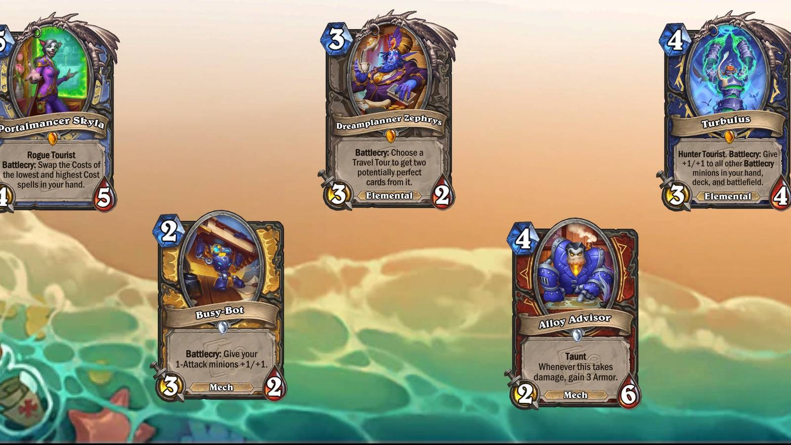 Hearthstone Perils in Paradise Mini-Set cards on a beach themed background