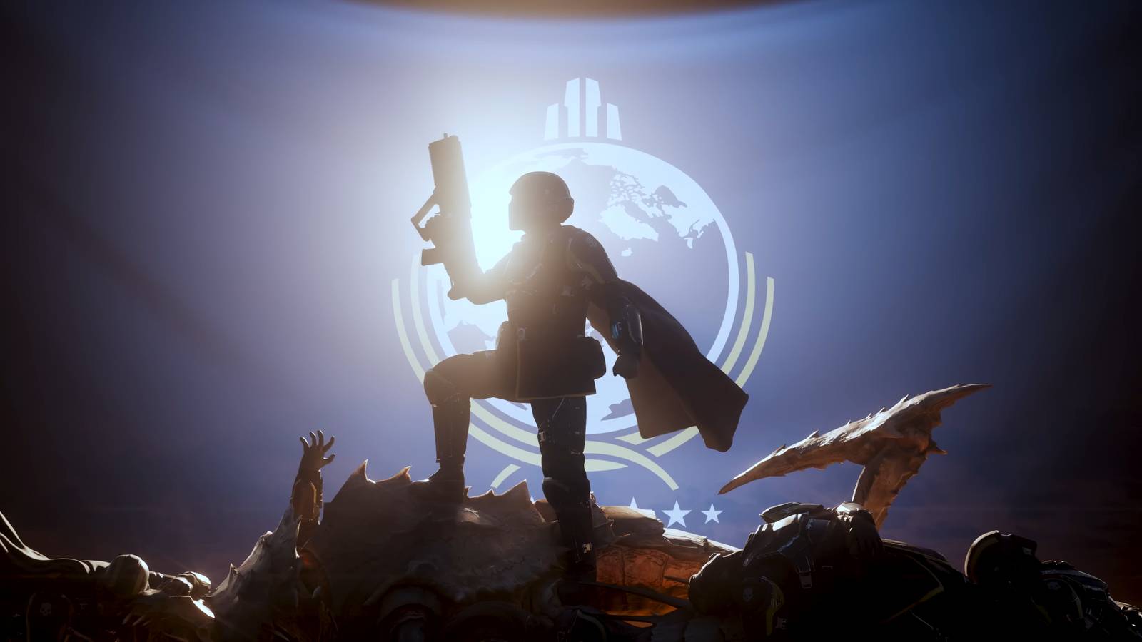 A still shot of a soldier holding a Liberator from the Helldivers 2 launch trailer