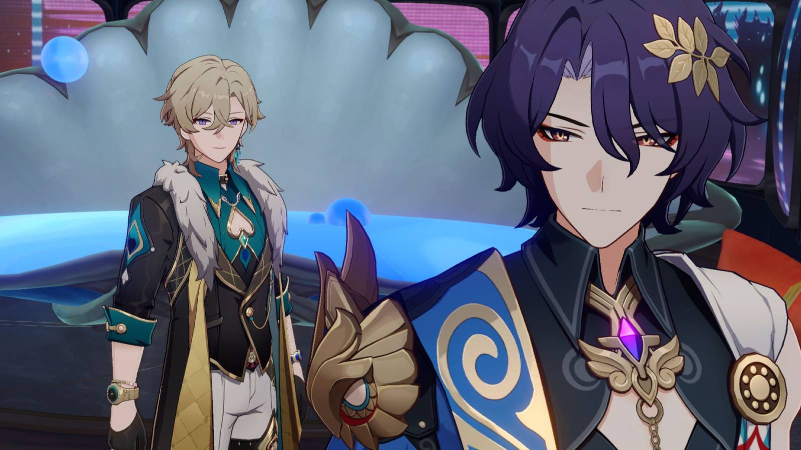 honkai star rail dr ratio and aventurine talking in a hotel room