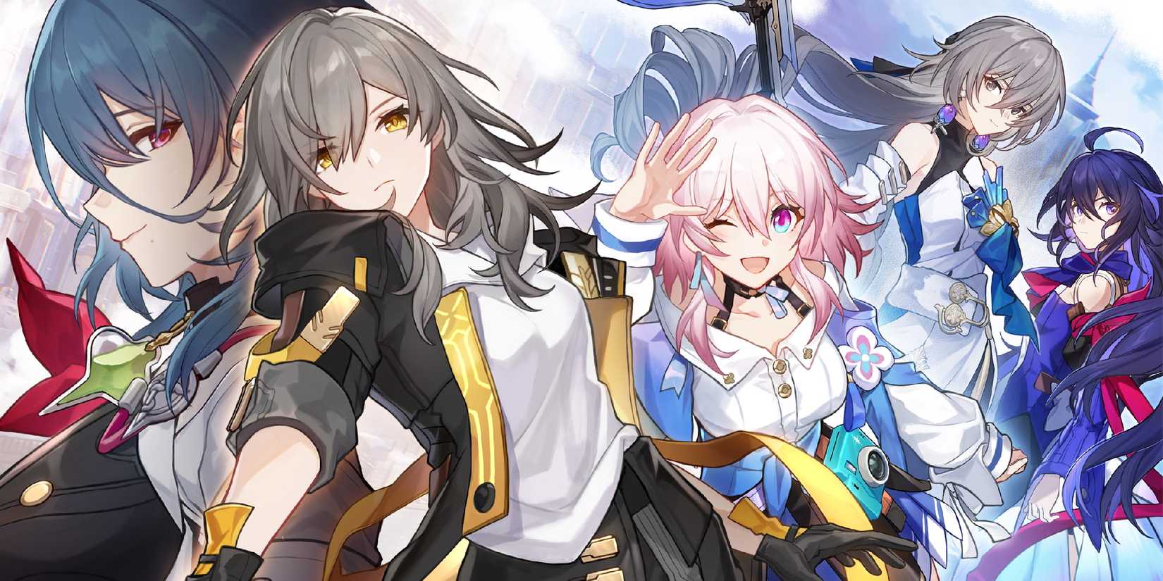 A promotional visual for Honkai: Star Rail showing the Trailblazer, March 7th, Natasha, Bronya, and Seele.
