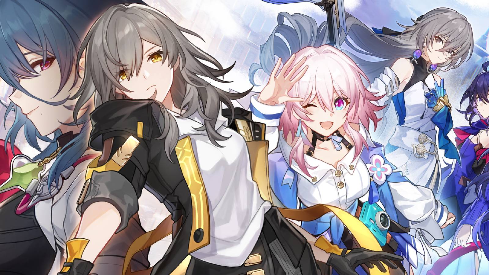 A promotional visual for Honkai: Star Rail showing the Trailblazer, March 7th, Natasha, Bronya, and Seele.