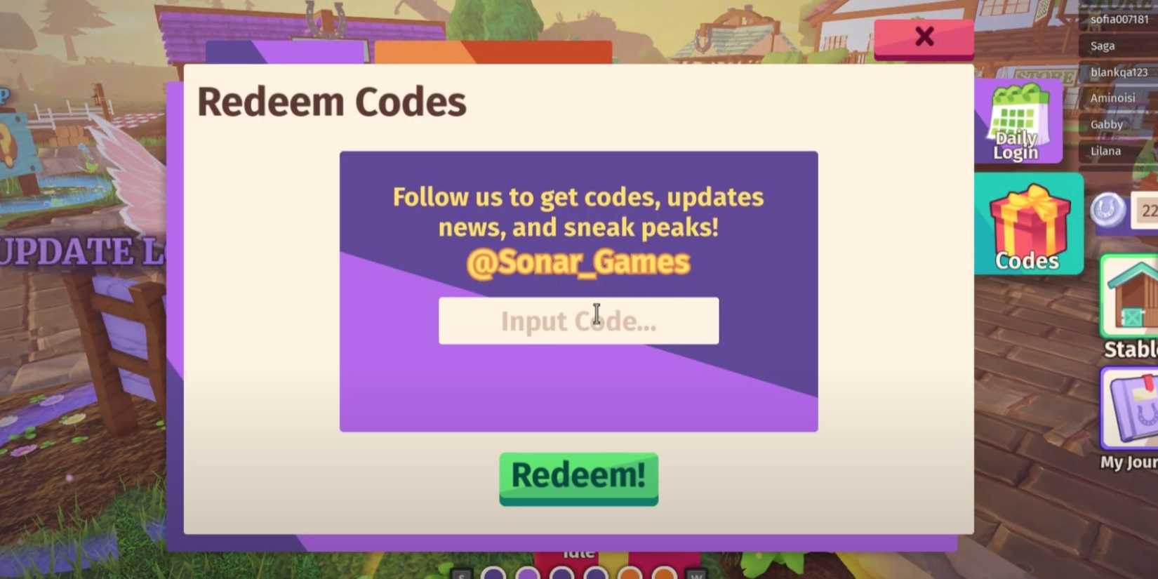 Horse Life: the codes tab