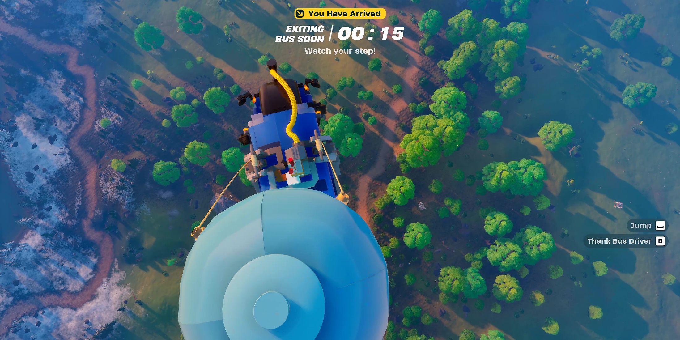 Screenshot showcasing how to board the Battle Bus within 60 Seconds of landing from a Battle Bus in LEGO Fortnite 