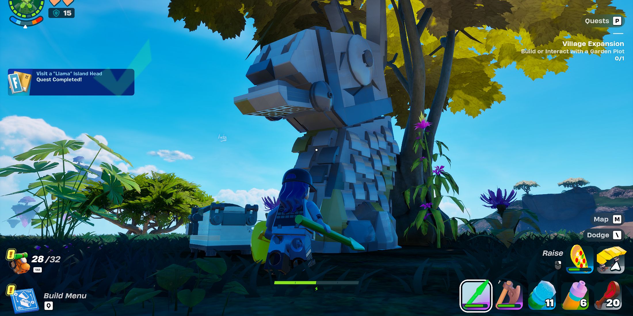 Screenshot showcasing how to complete the 'visit a Llama Island Head' in LEGO Fortnite 