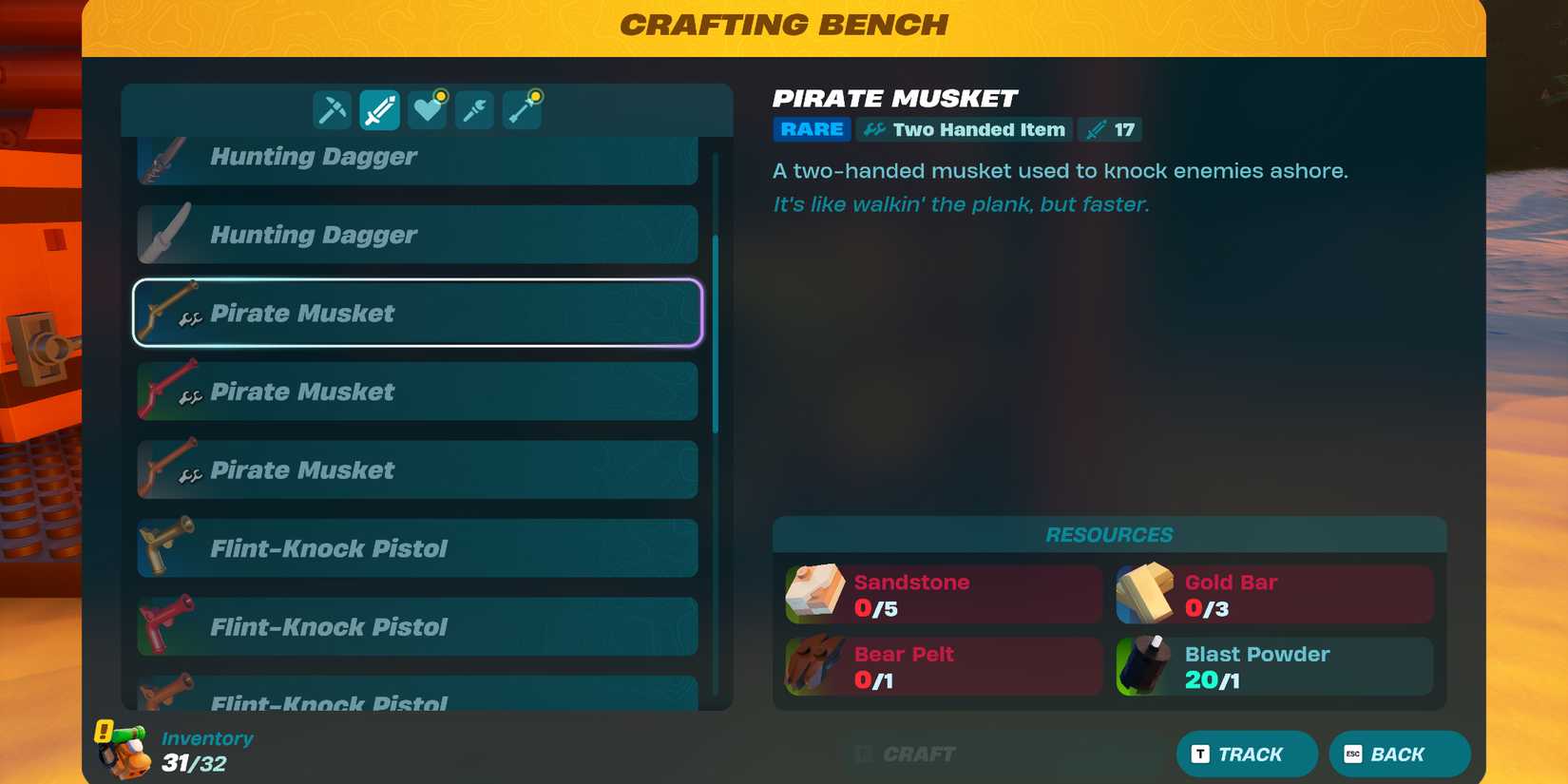 Screenshot showcasing How to craft a Rare Pirate Musket in LEGO Fortnite 