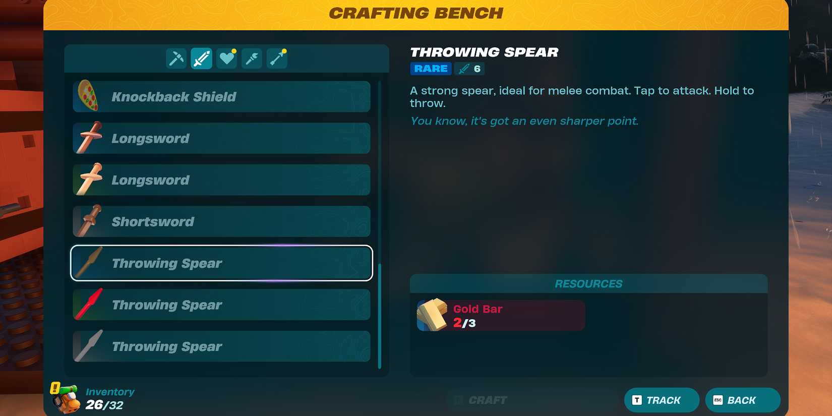 Screenshot showcasing how to craft a Rare Throwing Spear in LEGO Fortnite 