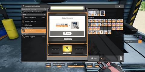The crafting meny for blade runners in satisfactory