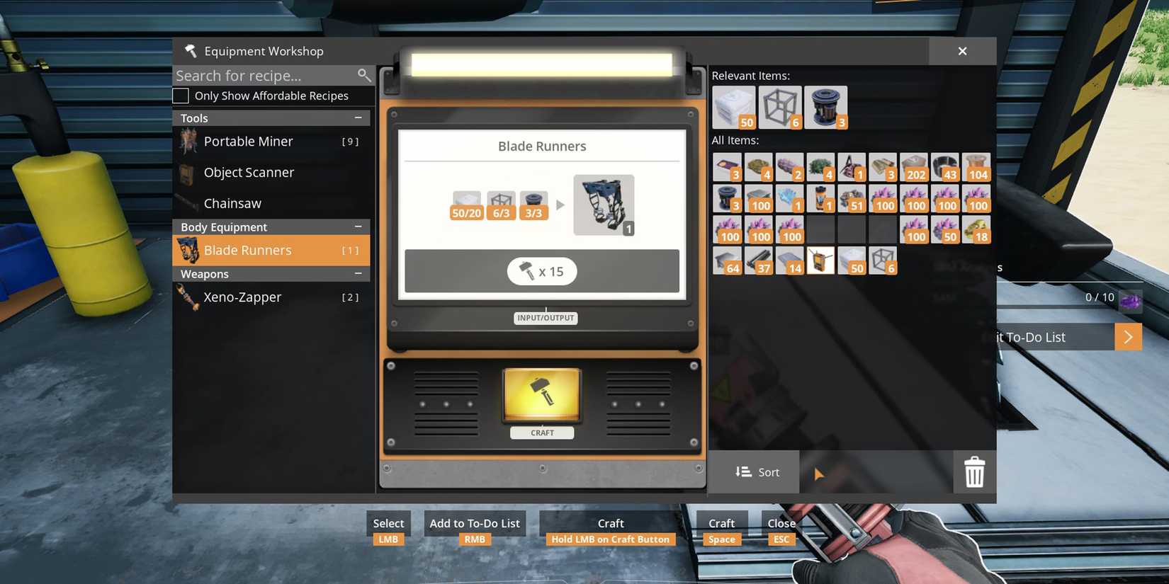 The crafting meny for blade runners in satisfactory