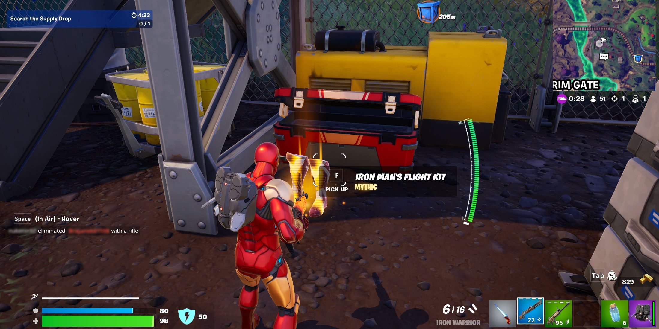 Screenshot showcasing how to find Iron Man's Flight Kit from Stark Industry Chests in Fortnite 