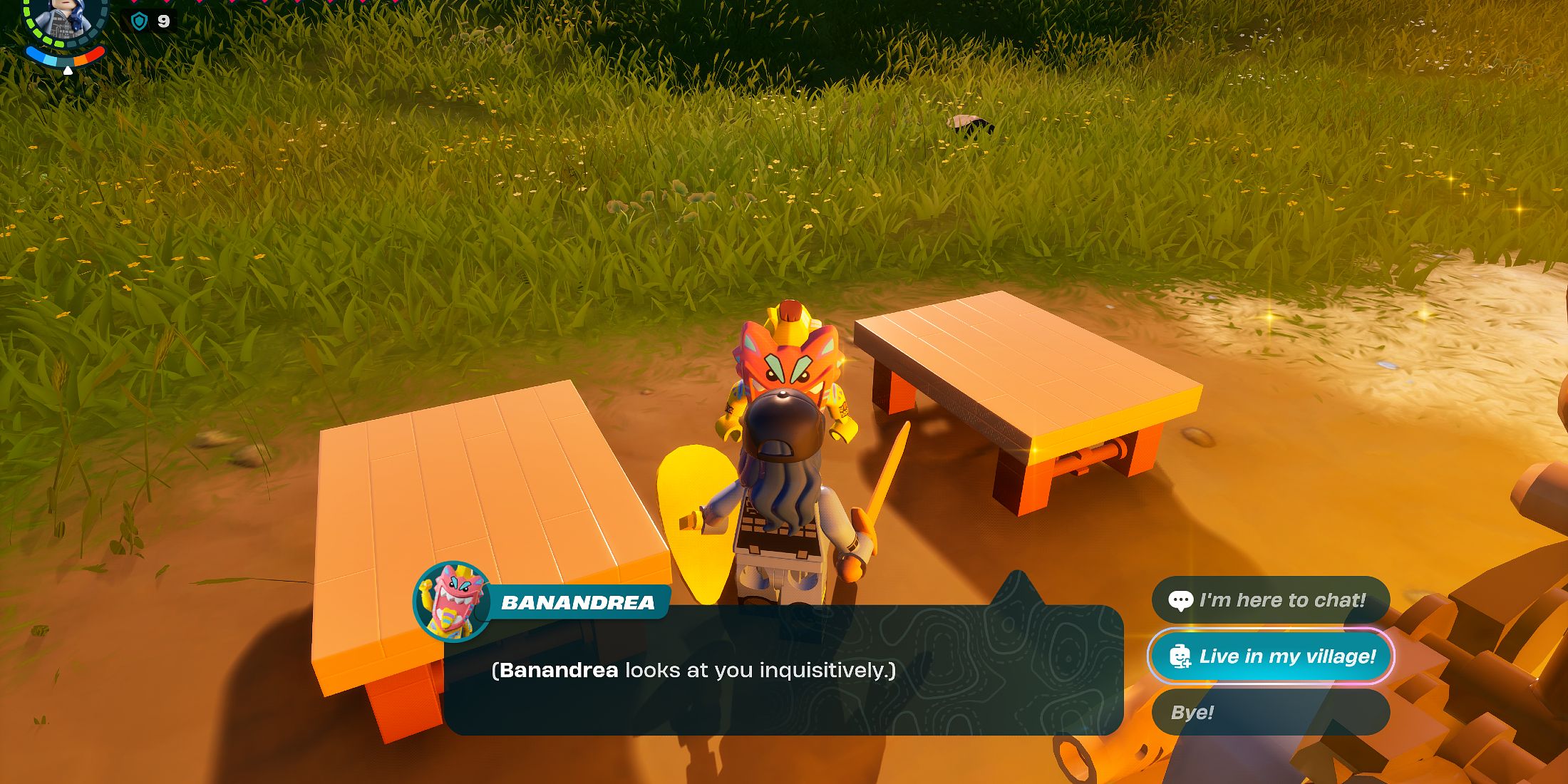 Screenshot showcasing how to upgrade the NaNa Village in LEGO Fortnite 