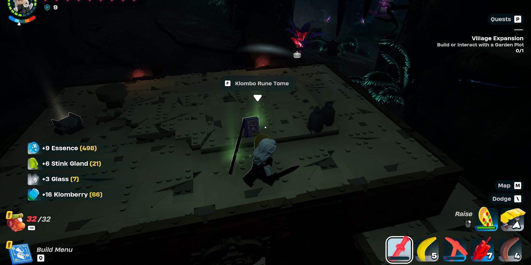 Screenshot showcasing how to get a Klombo Rune Tomes at Beast Dens in LEGO Fortnite 