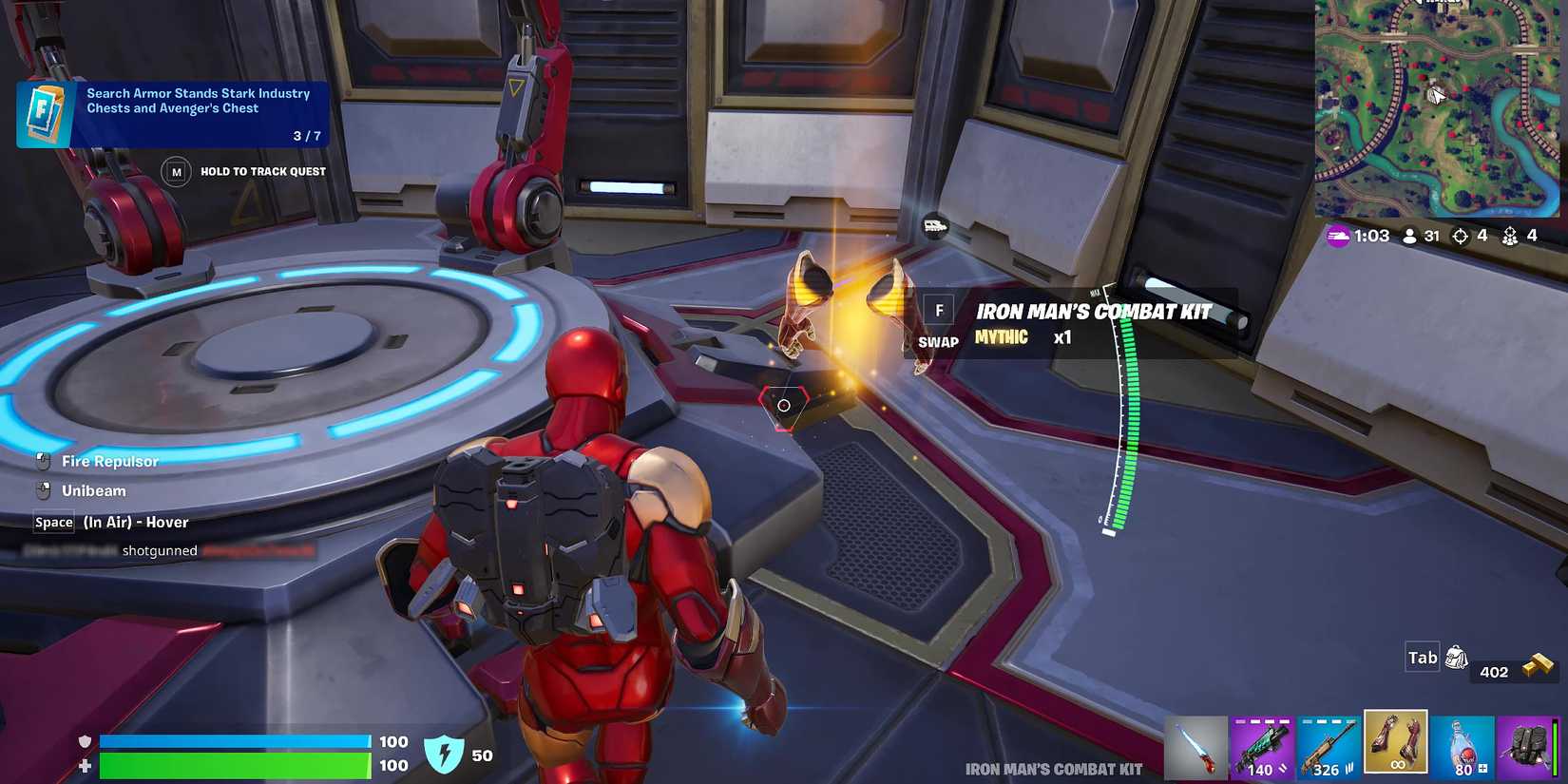 Screenshot showcasing how to get Iron Man's Combat Kit from the Stark Mobile Armory in Fortnite 