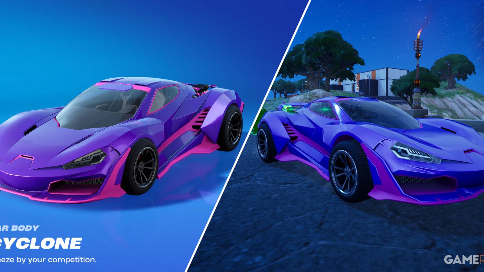 Split-image showcasing the Cyclone Pink Painted Style in Fortnite