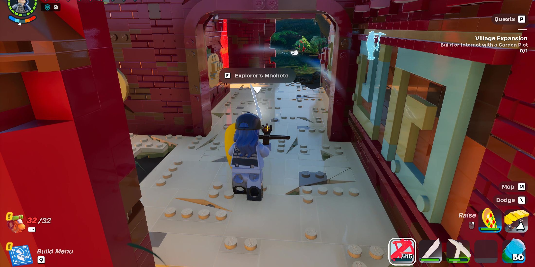 Screenshot showcasing how to get the Explorer's Machete in LEGO Fortnite 