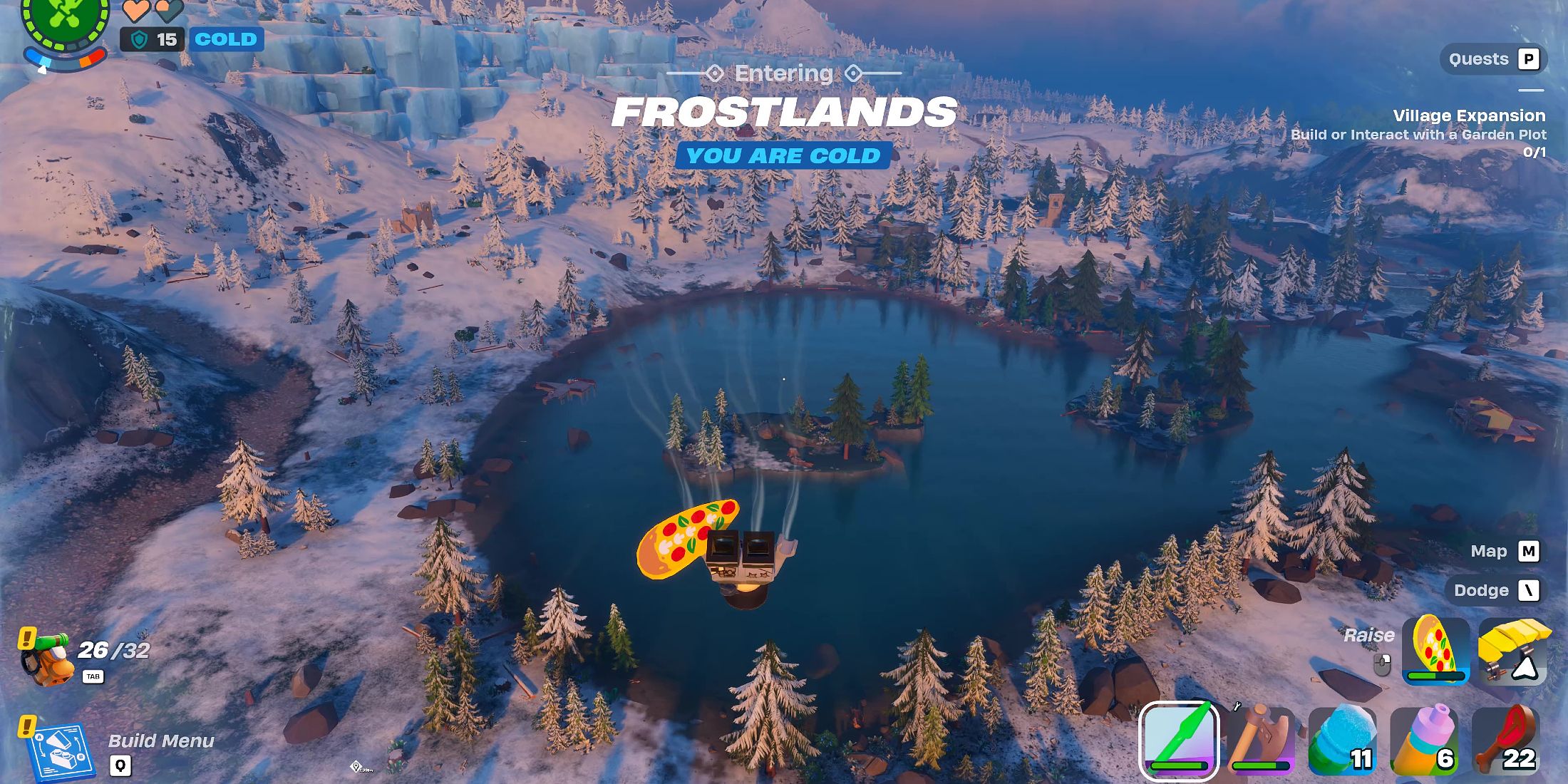 Screenshot showcasing how to jump out of a Battle Bus and land in a lake in LEGO Fortnite 