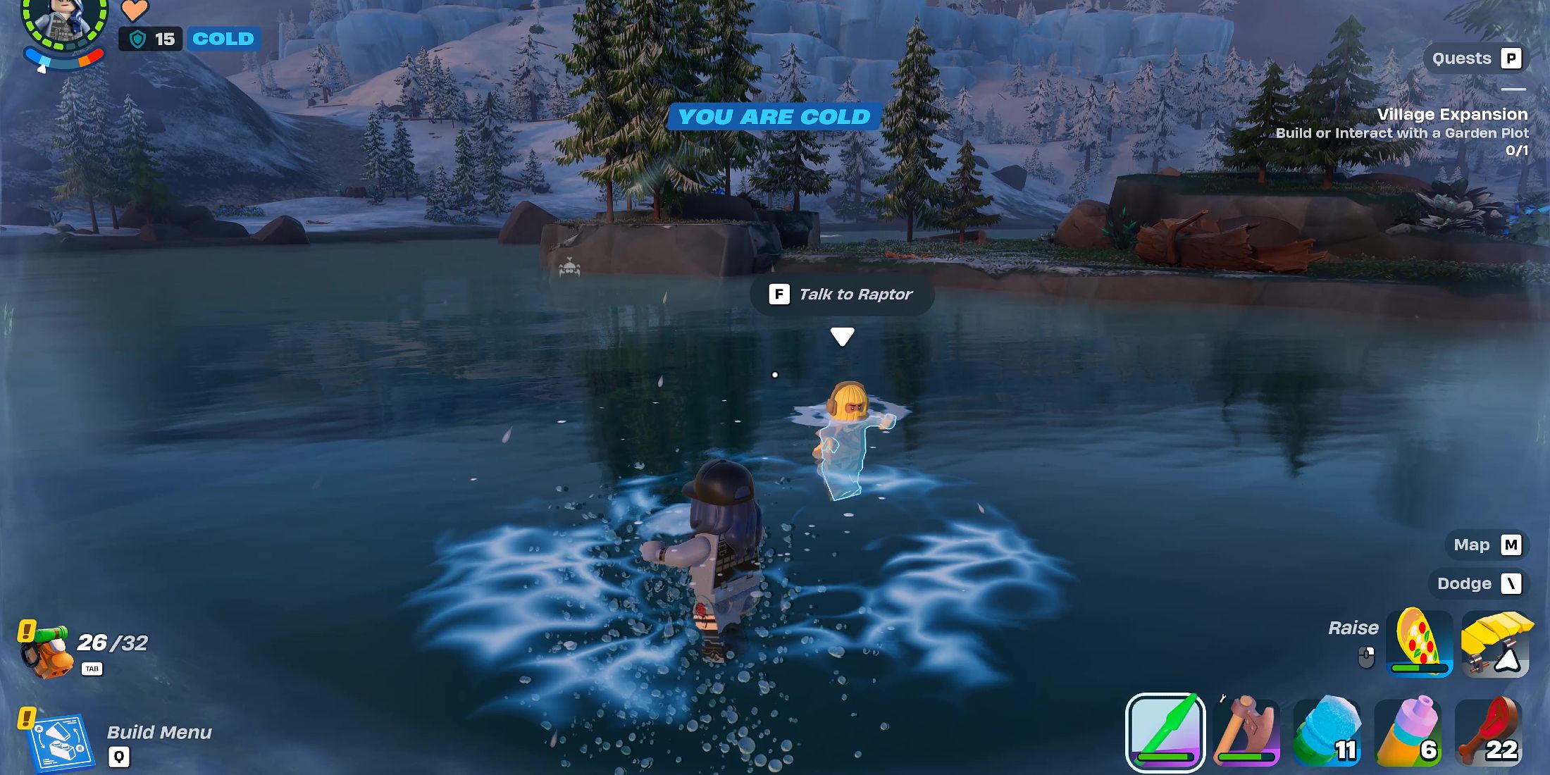 Screenshot showcasing how to jump out of a Battle Bus and land in a lake in LEGO Fortnite