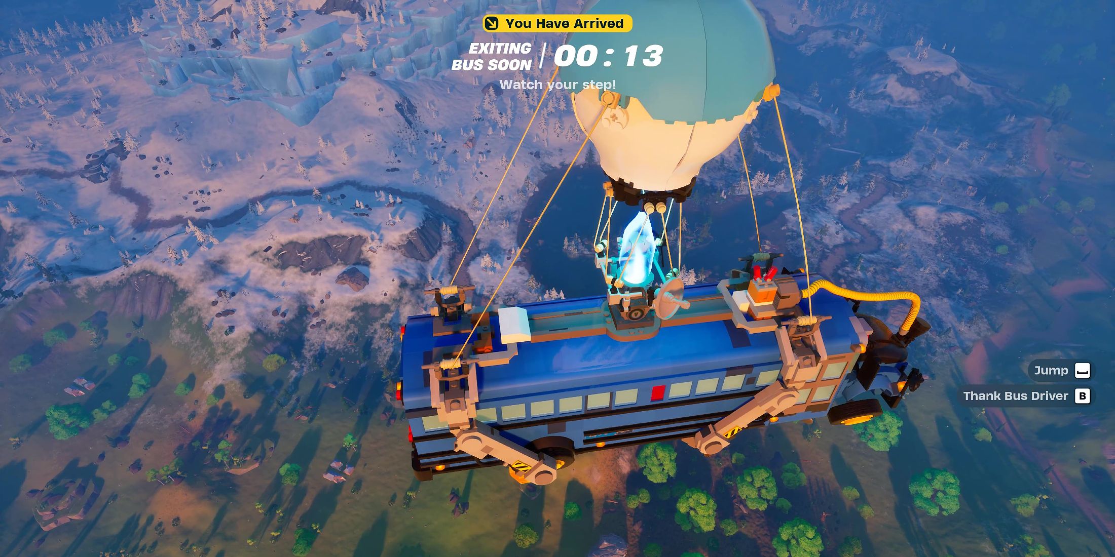 Screenshot showcasing how to jump out of a Battle Bus and land in a lake in LEGO Fortnite 