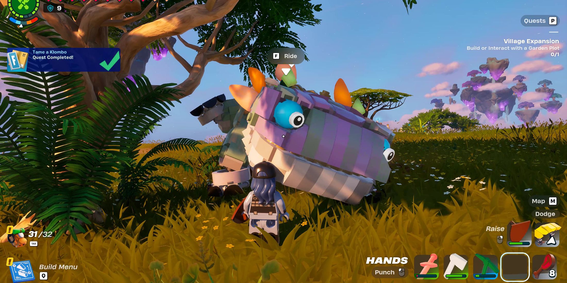 Screenshot showcasing how to ride a Klombo in LEGO Fortnite 