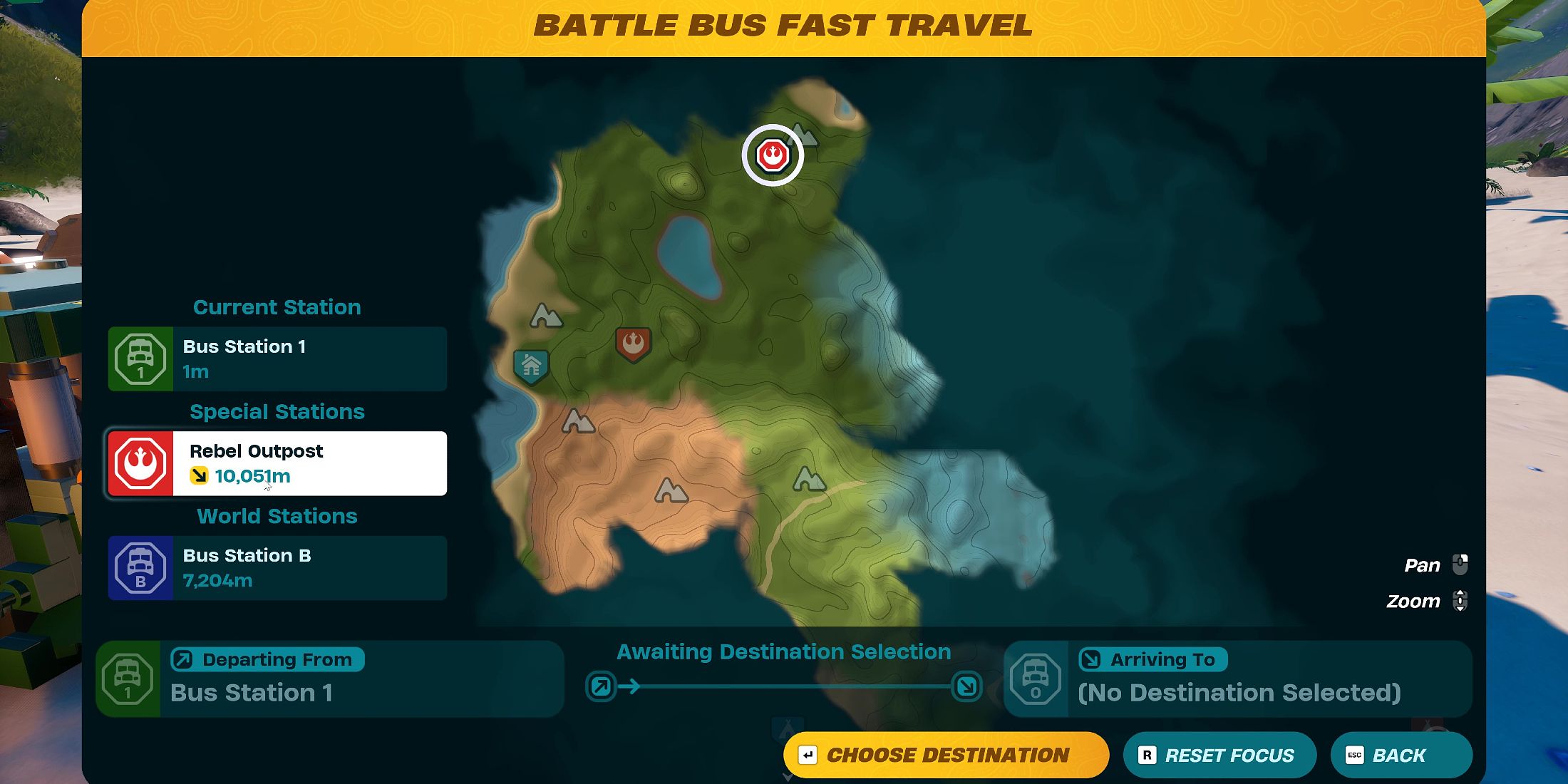 Screenshot showcasing how to take a Battle Bus to a special stop in LEGO Fortnite