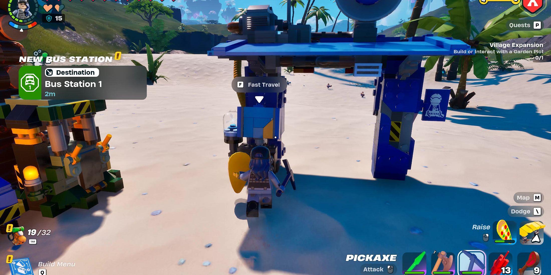 Screenshot showcasing how to take a Battle Bus to a special stop in LEGO Fortnite 