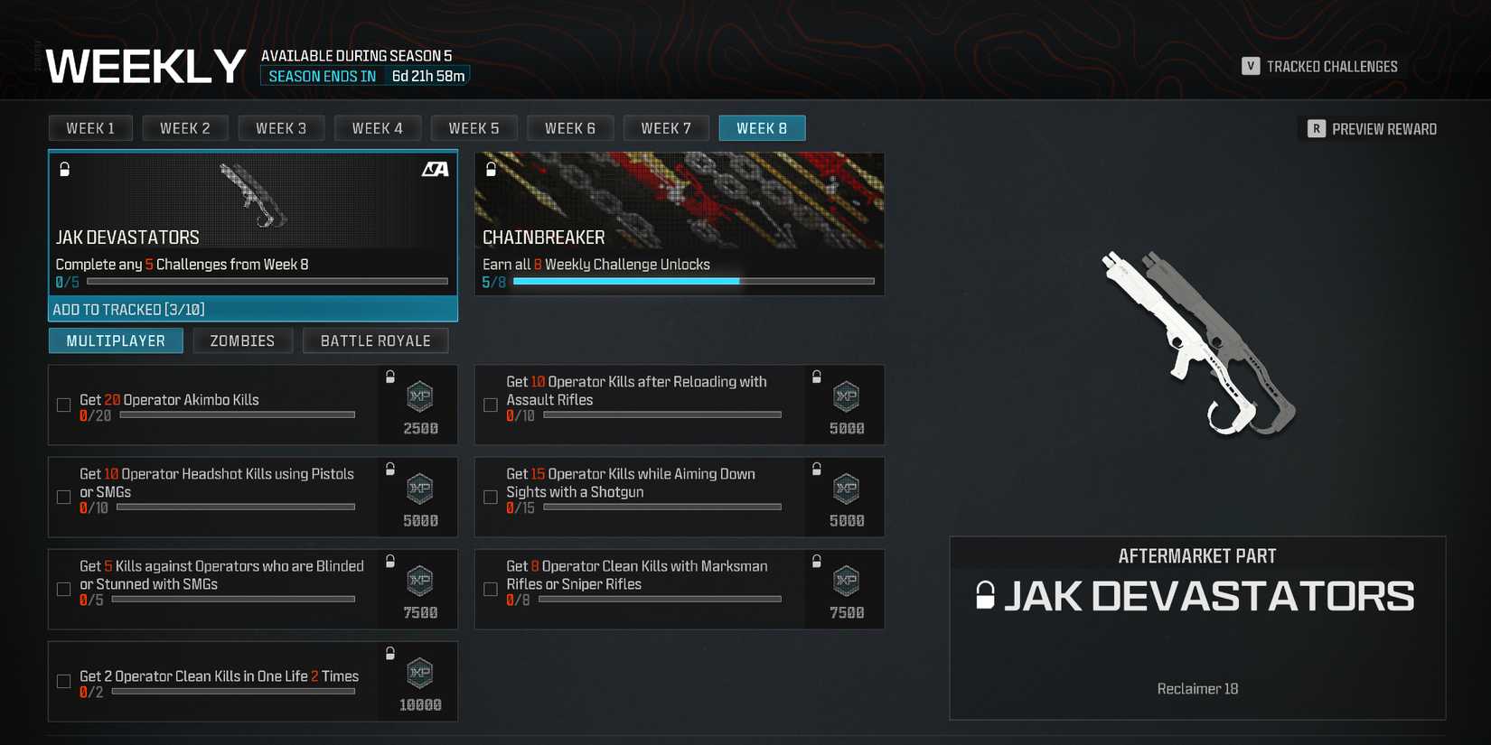 Screenshot showcasing the challenges needed to unlock the JAK Devastators in Modern Warfare 3 and Warzone 